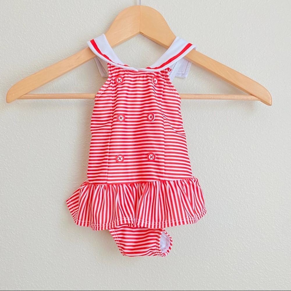 Gymboree baby girls sailor bathing suit one piece reddish Orange cross back 6-12